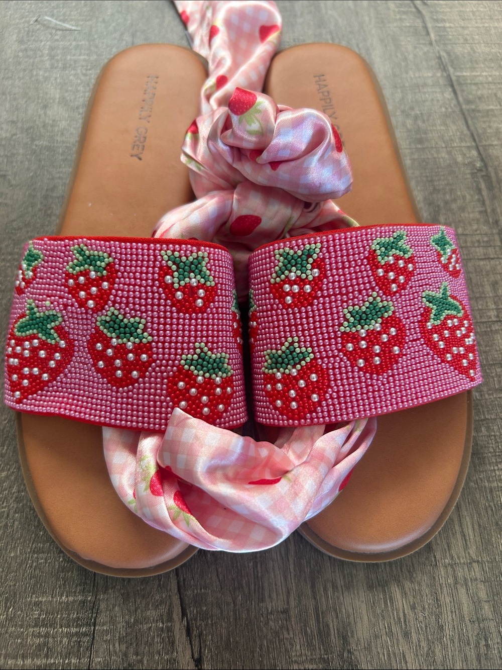 Women  Strawberry Beaded Pink Slide Sandals